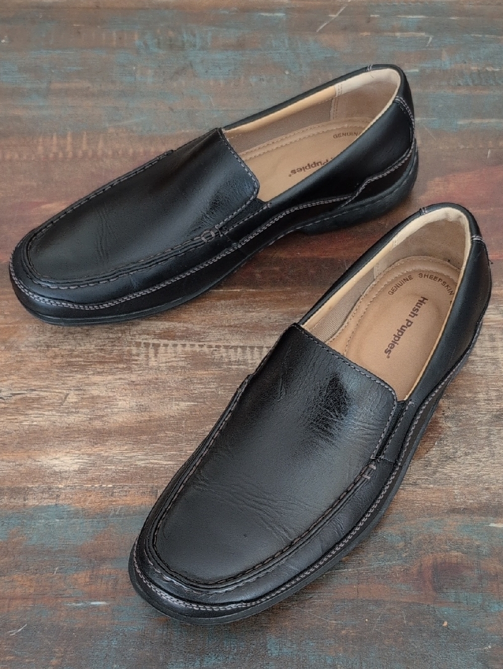 Hush Puppies Black Leather GT Slip On Loafers Sheepskin Lining - Men's 8.5